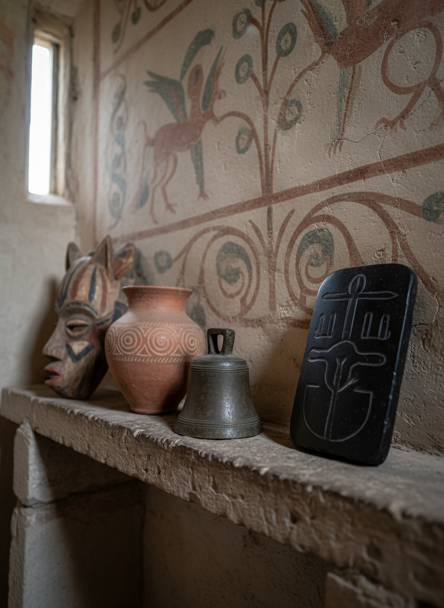An intimate interior of a small, timeless sanctuary where diverse sacred artifacts from multiple cultures rest together on a long stone ledge: a carved wooden mask, a weathered clay vessel etched with spirals, a simple metal bell, and a polished black stone engraved with abstract glyph-like grooves. Behind them, a rough plaster wall carries faint fresco fragments of mythic creatures and stylized plants. Soft, diffused overcast light filters through a narrow slit window, creating gentle highlights on metal and stone textures. Shot in photographic realism at a slightly oblique angle using the rule of thirds, the foreground artifacts are crisply detailed while the wall recedes into soft focus, evoking a serene, non-dogmatic sense of the sacred as a universal human expression.